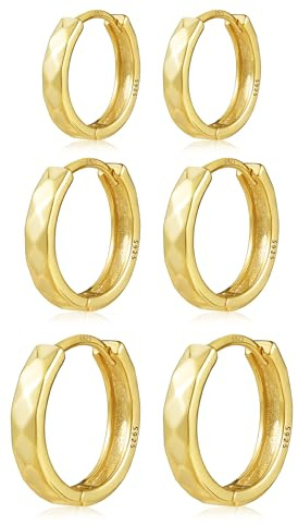 Juego de pendientes de aro pequeños de plata de ley para mujeres y niñas de oro de 14 quilates con corte de diamante, hipoalergénicos S925, regalo de joyería, 3 pares