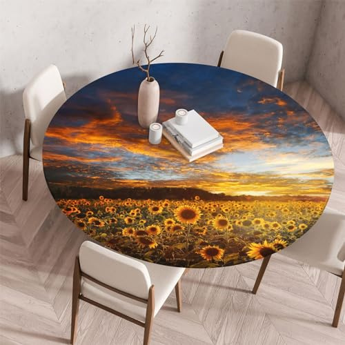 Highdi 3D Elastische Tischdecke Rund Abwaschbar, Spanntischdecke Rund Gartentischdecke Outdoor Round Tischdecke mit Gummizug für Esszimmer, Küche und Picknick (80cm,Sonnenblume 2)