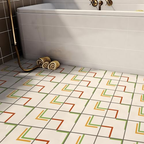Alwayspon 0.5mm Thickness 24Pcsx20cmx20cm Vinyl Floor Wall Tile Sticker, Vinyl Flooring Non-Slip Sticky Back Tile Decals for Kitchen Bathroom, White Yellow Green Red Lines