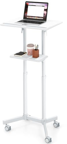 SFAREST Mobile Presentation Lectern, Height Adjustable Standing Pulpit Stand with Tilting Top, Storage Shelf & Lockable Wheels, Portable Podium Workstation for Office Classroom Church Conference