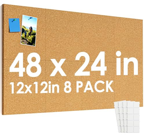 MaxGear Large Cork Board for Wall 48 x 24, 8 Pack Cork Board Tiles with 20 Pushpins & Safe Removable Adhesive Tabs, 12 x 12 Corkboards for Office, School, Home
