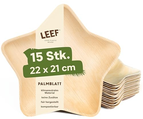 Leef 15x Palmblatt Teller Stern - Einweggeschirr kompostierbar und naturbelassen - 22 x 21 x 2.5 cm - Deko Snack Schale - umweltfreundlich - Geschirr Partygeschirr Einwegteller