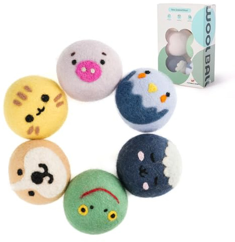 FUTURE FOOT Wool Dryer Balls XL Size 6 Pack - Fun Dryer Balls with Animal Faces Handmade New Zealand Wool Balls for Dryer Cute Dryer Balls Laundry Reusable Anti Static Natural Fabric Softener