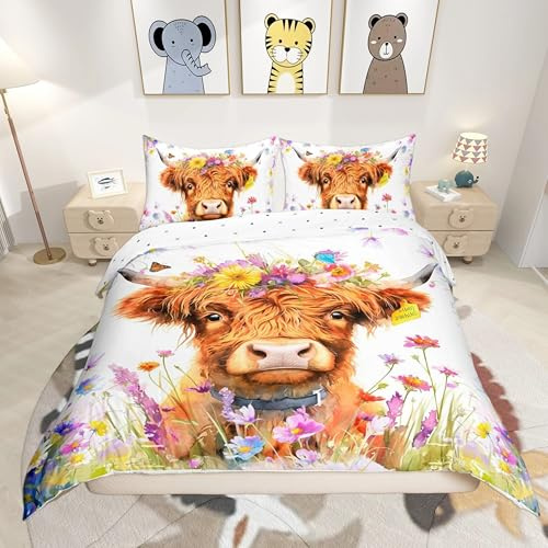 Homemissing Highland Cow Duvet Cover Set Single Size For Kids Boys Girls Teens Blossom Flowers Pattern Bedding Set Farmhouse Animal Comforter Cover with 1 Pillowcase Western Decor Bed Sets