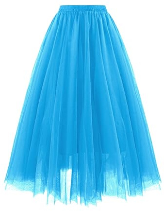 Lång flödande tyllkjol för kvinnor perfekt skiktad dam bröllopsklänning underkjol rockabilly tutu kjol puffig underkjol balettkjol underkjol kvinnor vuxen kort veckad kjol, Himmelsblått, L