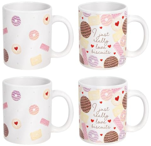 Set of 4 Classic Biscuit Print Mugs - 11 Ounce 325ml - Pink Red Purple White - Tea Coffee Cups Latte Cappuccino Hot Chocolate Drinks - Home Kitchen Work Office Mug Set