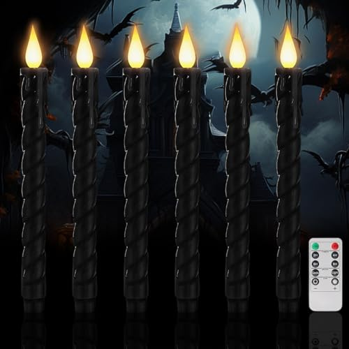 Halloween Deko LED Kerzen, 6 Stück Stabkerzen Batteriebetrieben, Flammenlose LED Kerzen Flackernde Flamme mit Fernbedienung & Timerfunktion, Elektrische Kerze für Hochzeit Tisch Weihnachten (Schwarz)