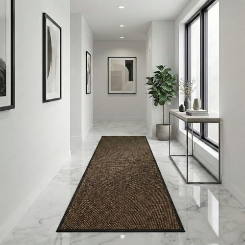 Fit Even Sunny Indoor & Outdoor Runner Rug – Machine Washable Non-Slip Rubber Backed Entrance Mat, Long Waterproof Mats for Hallway, Front Entrance, Kitchen, Patio or Garden - (Brown, 60x180 cm)