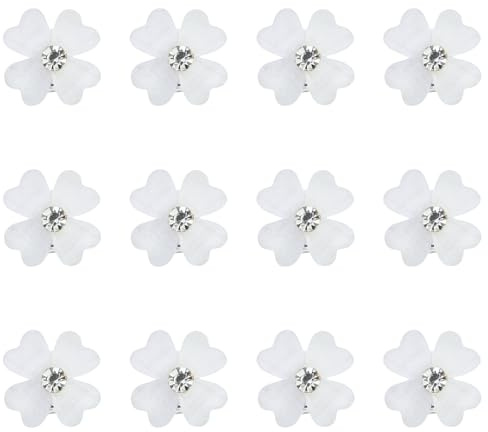 12 Pezzi Mini Fermagli Capelli a Forma Fiore,Mini Fermagli Bianchi con Strass,Piccole mollette per capelli,Fermagli capelli bianchi con fiori,Decorazioni Acconciature Sposa