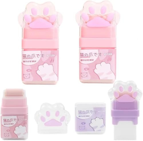 2 gomas de borrar de pata de gato, borradores multicolor para niños, goma de gato lindo, borradores de rodillo coloridos, niños con estuche de afeitado para suministros de oficina y escuela