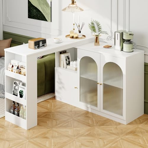 YuQozii Mesa de bar giratoria 360° (cuerpo principal 120 x 40 x 97 cm), moderno y sencillo mueble giratorio para comedor y bar, armario de almacenamiento multifuncional con puerta de cristal (blanco)