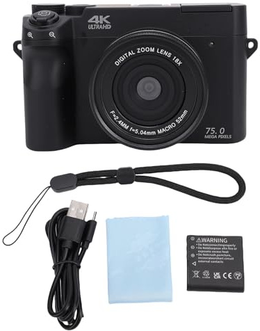 CHEOTIME Fotocamera digitale 4K per fotografia, fotocamera per vlogging WiFi con doppio obiettivo HD da 75 MP, zoom digitale 18x, fotocamera mirrorless con schermo da 3 pollici e (nero)