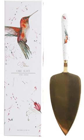 Meg Hawkins “The Rainforest” Hummingbird Bone China Pastry Cake Slice with Gold Stainless Steel – Gift Boxed Tea Time Slice