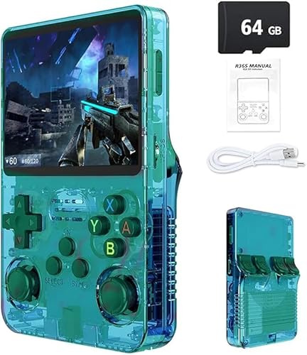 Gziztx Console di gioco portatile retrò R36S: oltre 21.000 giochi classici, schermo IPS da 3,5, memoria da 64 GB/128 GB, dispositivo di gioco portatile Linux (64G-Verde)