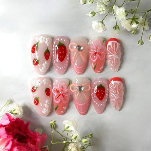 24PCS 3D Bow & Strawberry Floral Press On Nails Short Almond Shape - French Tip False Nails with Fruit & Flower Pattern, Cute Reusable Set for Dating, Vacation & Everyday Style