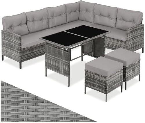 tectake® Conjunto Jardín de Ratán Mesa y Cojines, Conjunto Terraza Resistente a la Intemperie, Muebles Jardín Exterior 5 Piezas, Sofá de Esquina, 2 Taburetes y 1 Mesa - Gris/Beige
