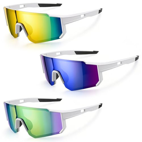Hahorpa Lot de 3 Lunette de Vitesse, Protection UV400 Lunette Running Femme Homme, Ultra-Léger Lunette Velo, Lunettes de Cyclisme avec Plaquettes Nasales Réglables, pour Vtt, Cycliste, Randonnée, Ski
