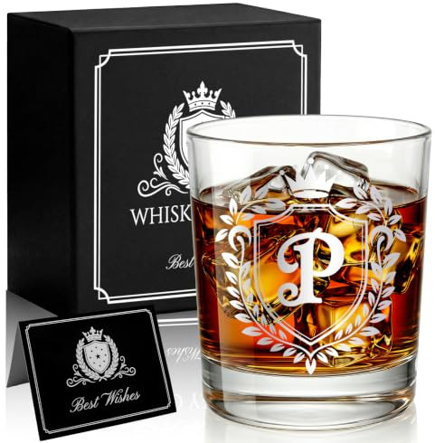 JEKUGOT Personalised Whiskey Glass Set, Personalised Gifts for Men, 10oz Whisky Glass Gift, Birthday Gifts for Men, Dad, Friend, Boyfriend, Father's Day, Scotch Bourbon Drinkers (P)