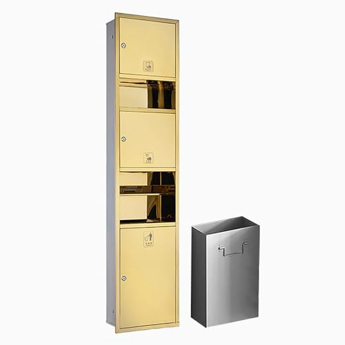 KAXLDHH Portarrollos de Papel Higiénico Empotrable con Papelera Integrada y Secador de Manos Automático, Hornacina de Baño en Acero Inoxidable 304, Revestimiento Nano(Gold)