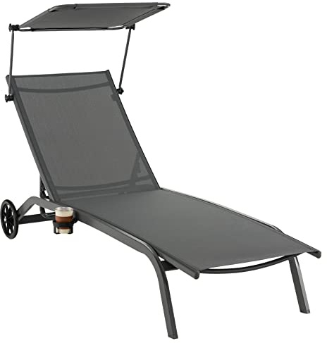 COSTWAY Sonnenliege mit Rollen, Dach und Getränkehalter, Gartenliege mit Verstellbarer Rückenlehne, Terrassenliege, Liegestuhl, Rollliege für Garten, Terrasse, Pool (Grau)