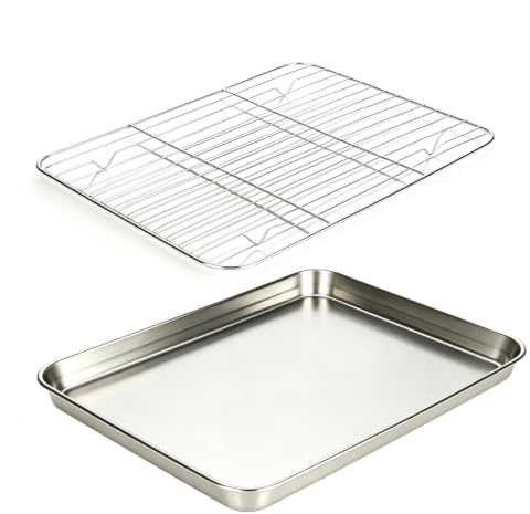 Bakplåt i rostfritt stål med kylgaller, rektangulär ugnsplåt, 31,5 x 24,5 x 2,5 cm, för stekning av bakplåt, rostbeständig, diskmaskinssäker