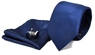 Krawatte Set mit Marineblaue Krawatte, Einstecktuch und Manschettenknöpfe für Herren - 100% Seide - Klassisch, Elegant und Modern - (Geschenk, ideal für Männer zum Geburtstag, eine Hochzeit)