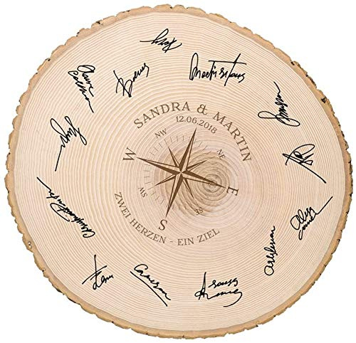 Casa Vivente Große Baumscheibe mit Gravur Personalisiert mit Namen und Datum, Kompass Liebe, Türschild, Wanddeko, Gästebuch, Geschenk für Verliebte zum Jahrestag, Liebesgeschenke zum Valentinstag