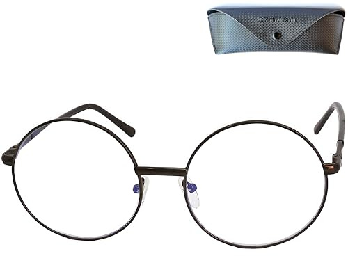 Mini Brille - Gafas Redondas sin Graduar con Filtro de Luz Azul, Funda incluye, Montura de Acero Inoxidable (Marrón) para Mujer