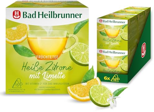 Bad Heilbrunner Heiße Zitrone mit Limette Tee - Früchtetee im Pyramidenbeutel - Zitrone, Limette - mit Vitamin C für Abwehrkräfte - stärkt das Immunsystem (6 x 15 Pyramidenbeutel)