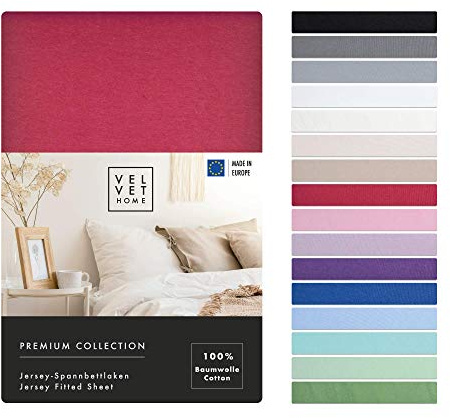 VelvetHome Spannbettlaken 180x200cm 100% gekämmte Baumwolle Made in EU Jersey Bettlaken 180x200 bis 25 cm Matratzenhöhe Spannbetttuch 180x200 Premium Qualität Schönen Farben Rubin 180 x 200