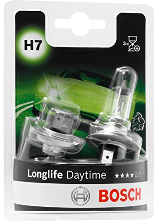 Bosch H7 (477) Longlife Daytime Halogen Headlight Bulbs, 12 V 55 W, Long-lasting - Socket Type PX26d - Pack of 2 Replacement Car Light Bulbs