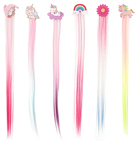 Hifot 6PCS Extensiones de Clip de Pelo Lacio, Unicornio Arco-Iris Flor Horquilla Tocados, Peluca Sintético Extensiones Colores, Partido Cosplay Fiestas Party Multicolor