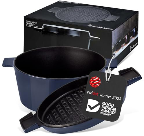 Stanley Rogers Cocotte runder Gusseisen Bräter emailliert 6,5l 28cm blau I Praktische Grillpfanne als Deckel I Geeignet für Induktion und Backofen