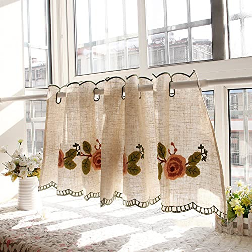 Lsimeru Scheibengardinen Küchengardinen Landhausstil Vintage Halbtransparent Baumwolle mit Rose Blumenmuster,Kurzstore Bistrogardine Fenstergardinen Küche Kurz Vorhang,115x42cm