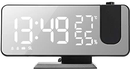 Kavolet Digitaler Projektionswecker 4 in 1, Projektionsuhr 180 Grad, mit Spiegelfläche, Feuchtigkeitsmonitor / FM-Radio, Telefon-Ladegerät, LED-Anzeige / ℃ / ℉