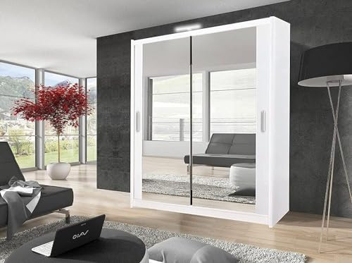 GSW Bedroom Furniture Modern Full 2 and 3 Mirror Sliding Door Wardrobe With Shelves And LED Light, Hanging Rail (150CM, White)