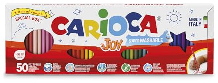 CARIOCA Joy Halvmeter markörer, Färgglada markörer för barn med fin spets, Specialformat för halvmätare, Perfekt för design och färgning, Super Tvättbara, Blandade färger, 50 stycken
