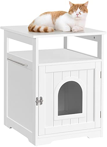 Yaheetech Meuble Litiere pour Chat Maison de Toilette Chat en Bois 52 × 49 × 64,5 cm 1 Etagère Ouverte 7 Trous d'Aération 1 Porte-Serviettes Blanc