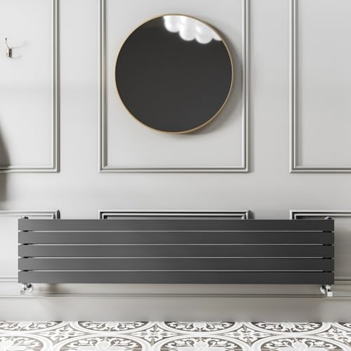 Go Bathrooms Pinta 340 x 1600mm Horizontal Radiator Anthracite Flat Panel Single Column Wall Mounted Designer Anthracite Grey Radiator Central Heating Includes Brackets