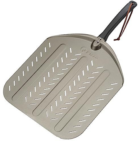 Q Pizza Perforated Pizza Peel 14, Non-stick Pizza Turning Paddle Pizza Oven Accessory, Extra Large Metal Pizza Spatula for Grill Oven Baking Bread Pastry Dough Pie Cake, Aluminium PT204