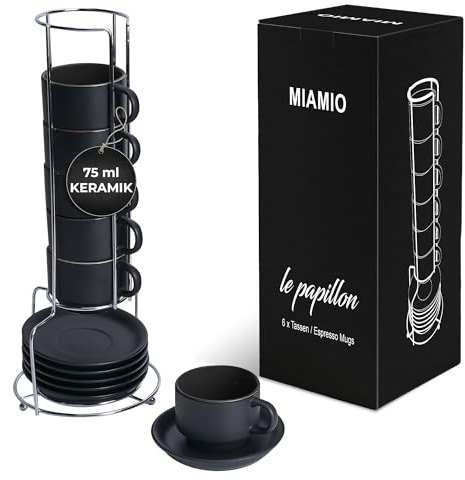 MIAMIO - 6 x 75 ml Espresso Tazzina da caffè - Sei Tazzine Impilabili - Set di Tazze da Caffè, Ceramica - Le Papillon Collezione (Nero)
