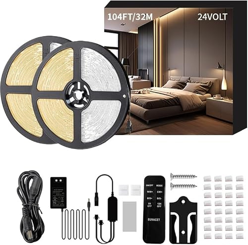 BUNACET LED Strip Streifen 32M 24V Dimmbar Warmweiß 3000K-6500K Kaltweiß | LED Leiste Band Stripes Lichtband 2880 LEDs mit RF Fernbedienung Netzteil für Küche, Unterbau, Kabinett, Schränke, Indoor