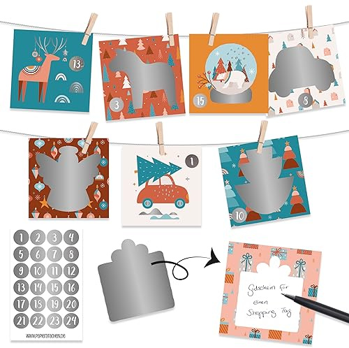 Papierdrachen Rubbelkalender 2026 - Adventskalender zum Ausfüllen und Verschenken - Boho - mit Rubbelstickern, Holzklammern & Schnur