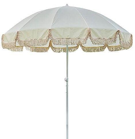 Parasol de plage avec pompon beige, 2,4 m (7,8 pieds) Parasol de terrasse extérieur portable, parasol de jardin avec pompons, for pelouse, jardin, terrasse, arrière-cour Installation facile ((sans bas