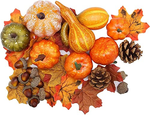 DSLIHA 50Pcs Artificial Pumpkins Autumn decorations set, Halloween Decoration Mini Pumpkins Fake Maple Leaves Acorns Gourds for Fall Thanksgiving Party Home Decor Holiday Decoration