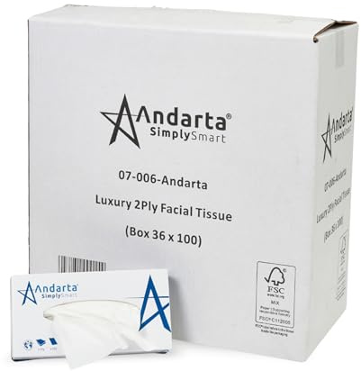 Andarta Gesichtstücher, 2-lagig, weich, 3.600 Stück (36 Packungen mit je 100 Stück) (36 Stück, weiß), parfümfrei