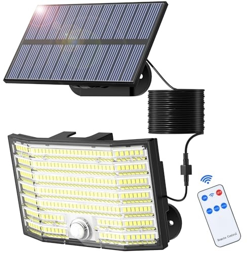 MinPea Lampes solaires d'extérieur avec détecteur de mouvement, 1 pièce 226 LED, 3 modes, spot solaire IP65, étanche IP65, angle d'éclairage 180°, applique murale solaire pour jardin, avec câble de 5