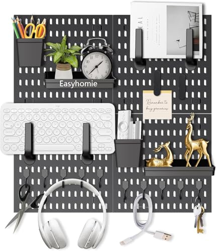 Easyhomie Wall Organiser Pegboard Combination Kit with 4 Tiles 30x30cm Pegboards + 20 Pieces Accessories for Room Storage, Organization and Decoration, Free Combination & Easy Install