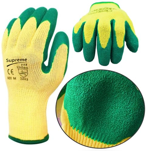 SupremeTTF 24 Pairs LATEX COATED Palm Green Yellow Safety Work Gloves For Builders Gardening Grip (L [9])
