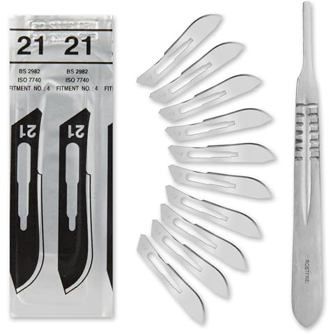 Lot de 10 lames de scalpel figure 21 en acier au carbone – Lames de rechange emballées individuellement stériles + 1 support de scalpel – Acier inoxydable